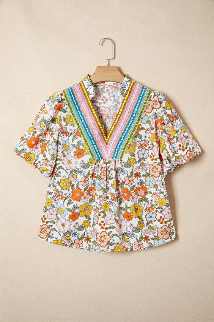 66DISCO - Crochet V Neckline Puff Sleeve Boho Flower Blouse (S-XL)