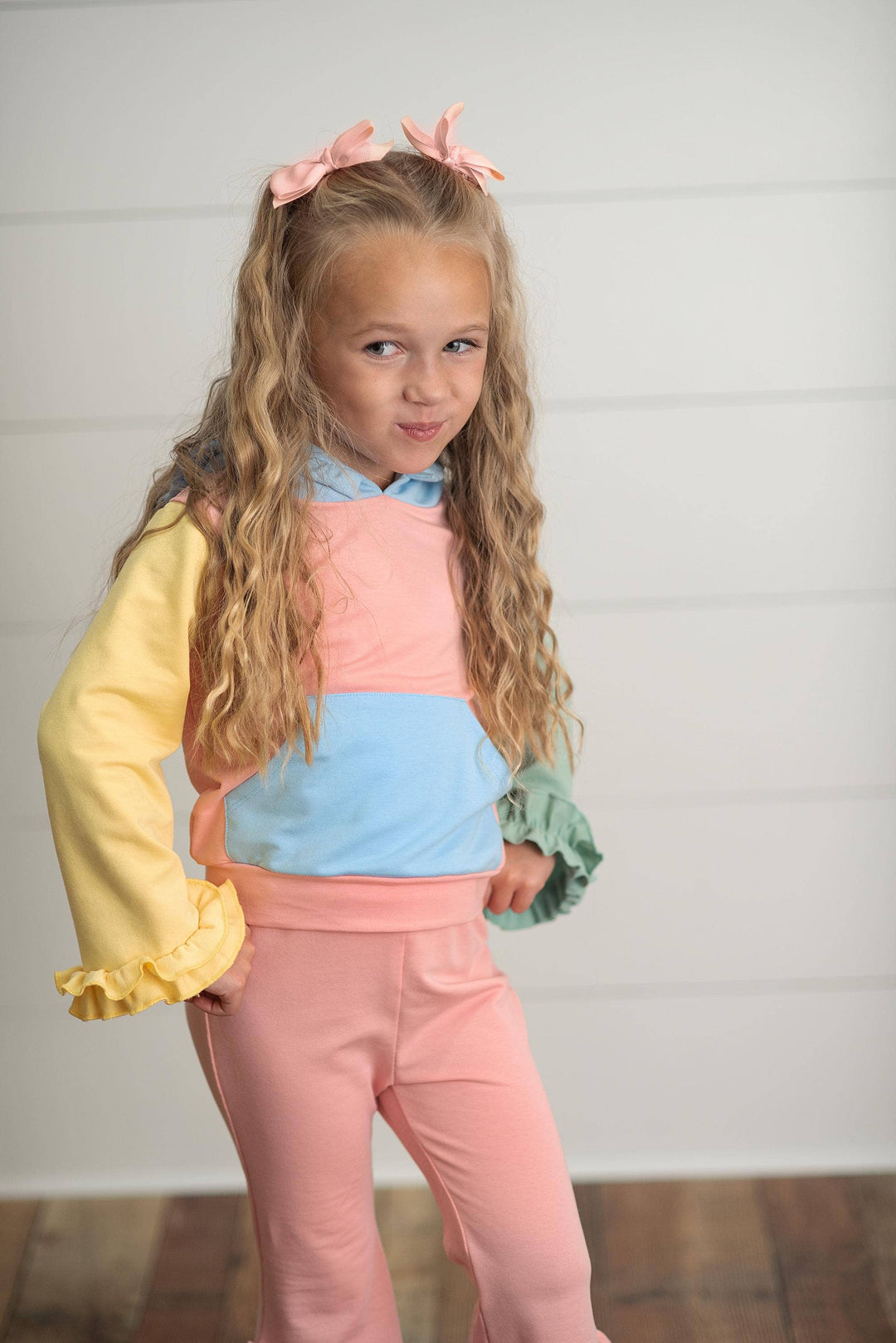 Kids Pastel Color Block Hooded Ruffle Pocket Fall Lounge Set