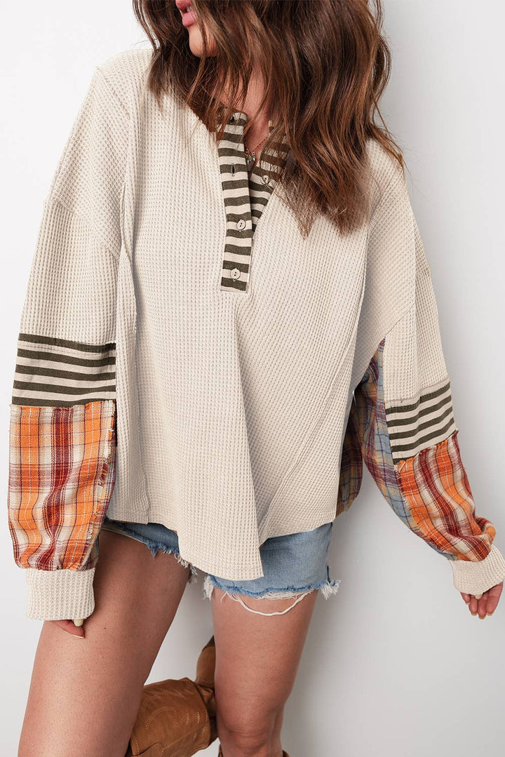 1 the Woman - Waffle Stripe Plaid Patchwork Henley Knit Top S-4X