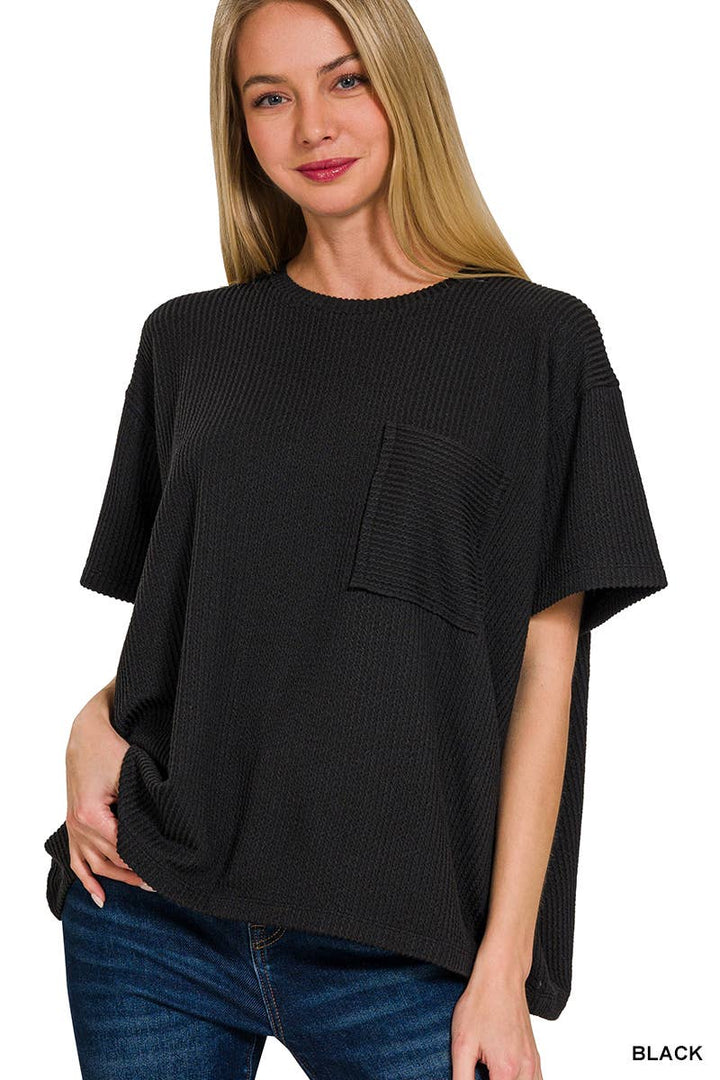 42POPS - Corded Rib Short Sleeve Front Pocket Top