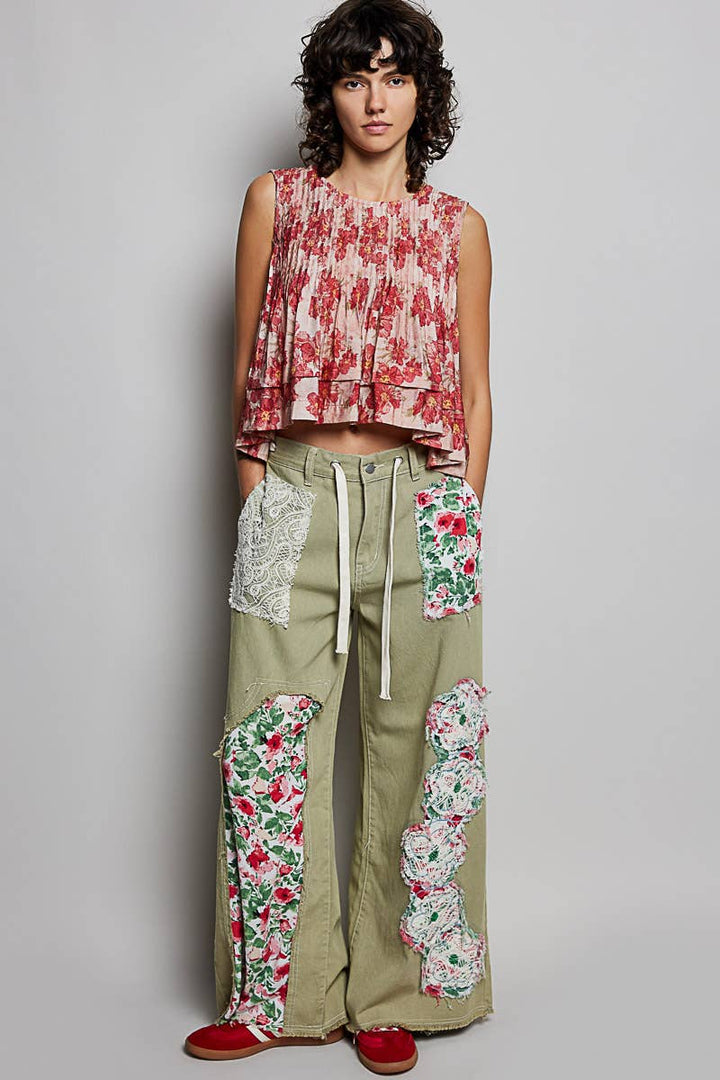 Pol Clothing - Drawstring Floral Patch Denim Pants