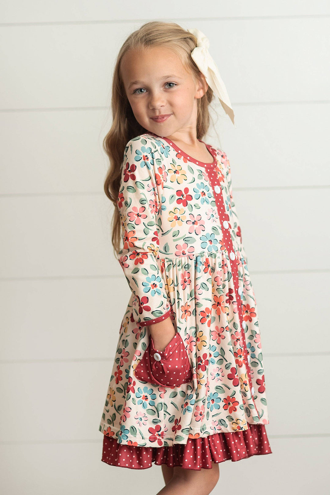 Kids Cream &amp; Burgundy Floral Ruffle Button Pocket Fall Dress