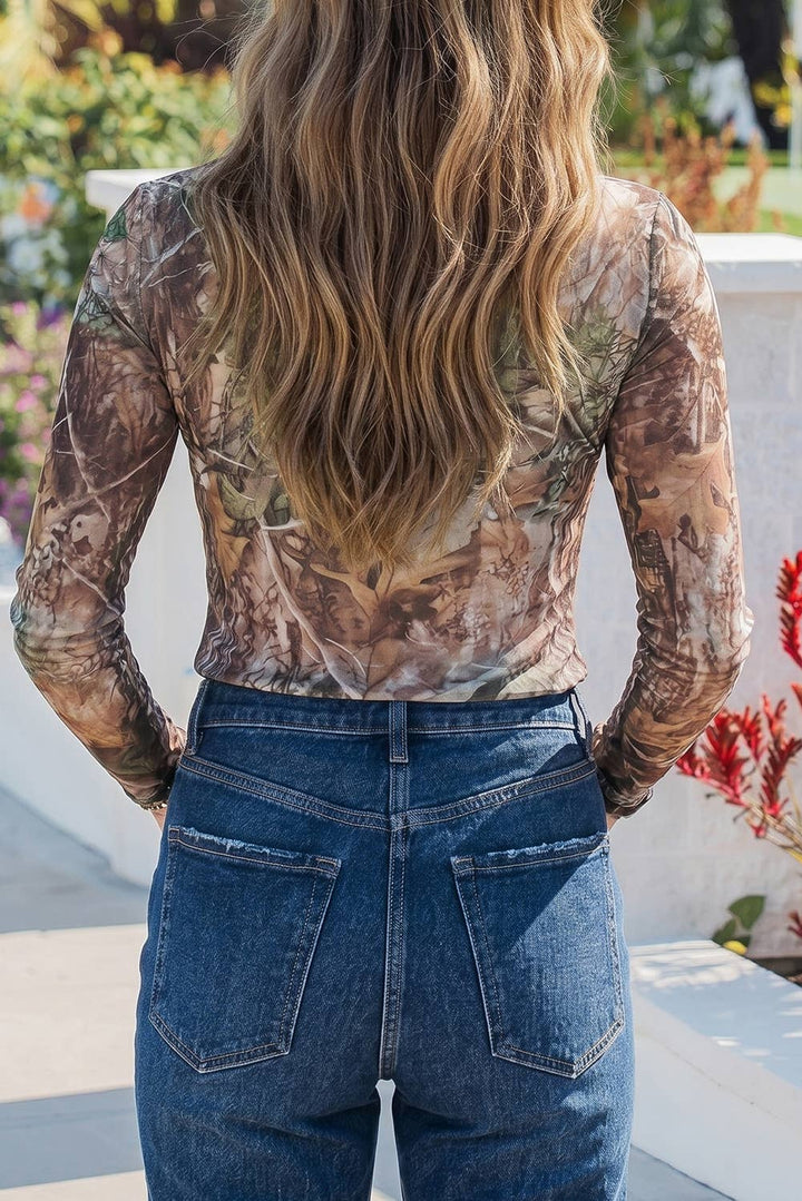 Western Print Slim Fit Mesh Long Sleeve Mock Neck Top