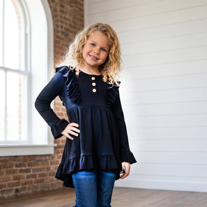 Kids Black Ribbed Long Sleeve Button Ruffle Shirt