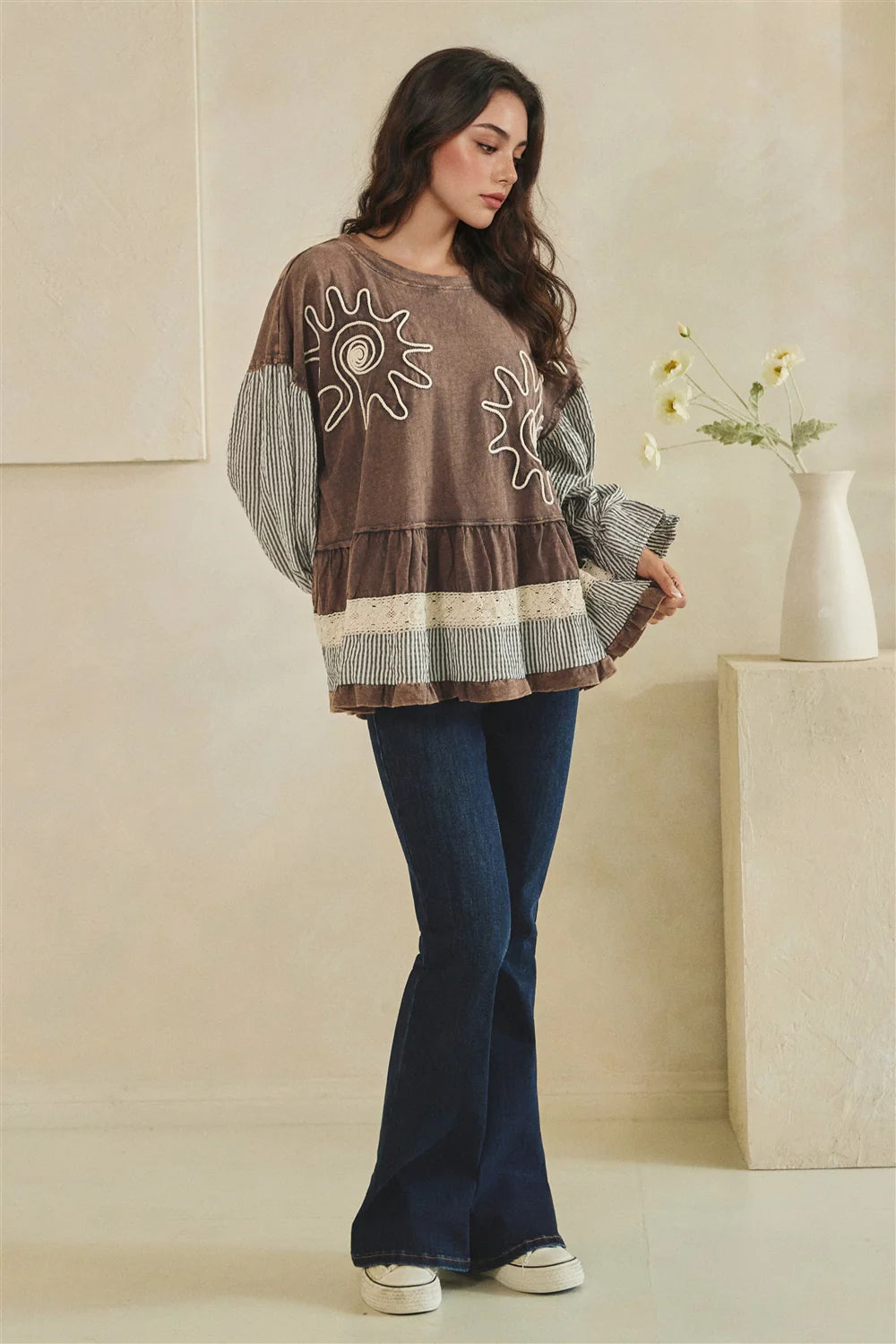 MIXED FABRIC TIERED TUNIC LONG SLEEVE TOP