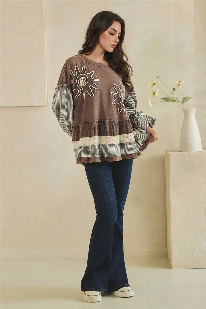 MIXED FABRIC TIERED TUNIC LONG SLEEVE TOP