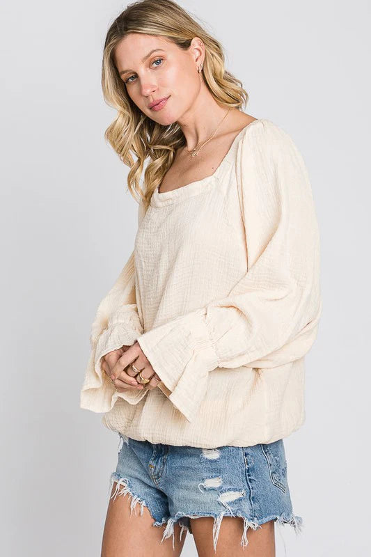 WASHED FLARE CUFFS OPEN BACK DETAIL GAUZE BLOUSE- CREAM