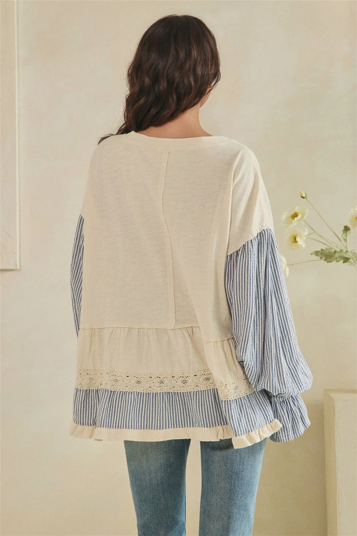 MIXED FABRIC TIERED TUNIC LONG SLEEVE TOP