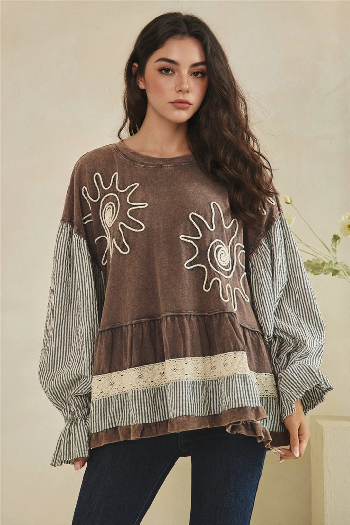 MIXED FABRIC TIERED TUNIC LONG SLEEVE TOP