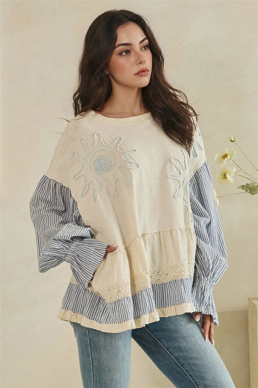MIXED FABRIC TIERED TUNIC LONG SLEEVE TOP