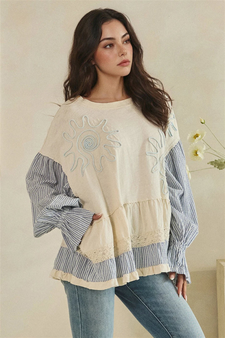 MIXED FABRIC TIERED TUNIC LONG SLEEVE TOP