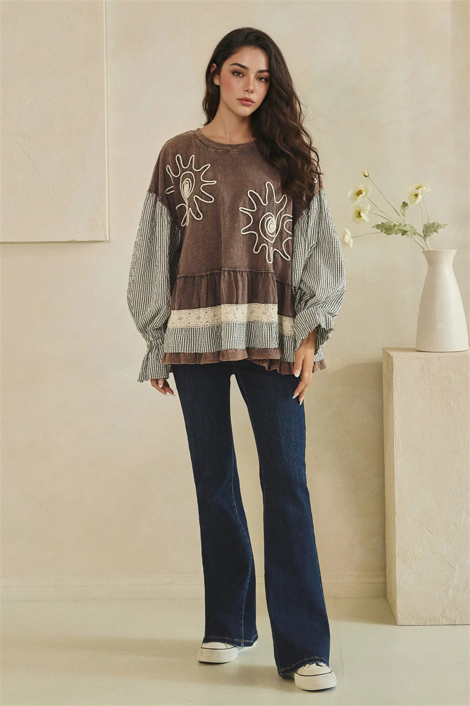 MIXED FABRIC TIERED TUNIC LONG SLEEVE TOP