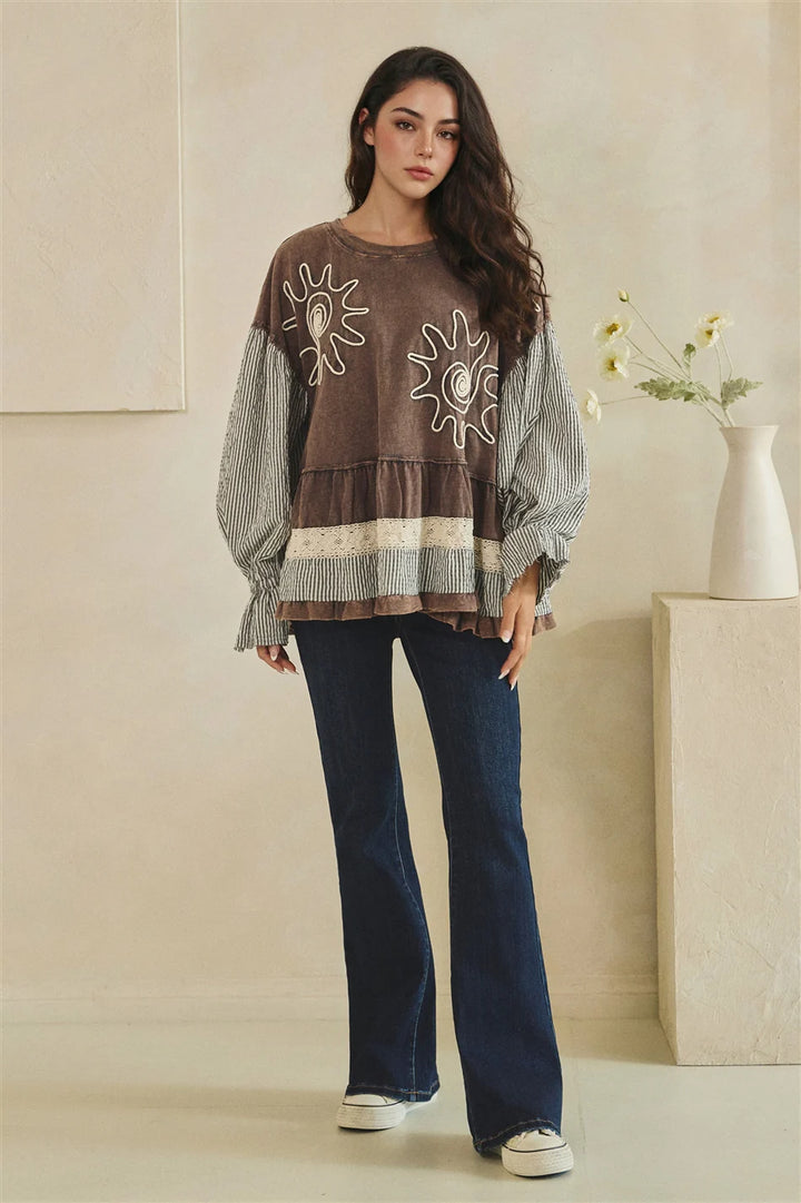 MIXED FABRIC TIERED TUNIC LONG SLEEVE TOP