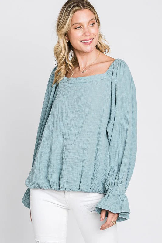 WASHED FLARE CUFFS OPEN BACK DETAIL GAUZE BLOUSE-SKY BLUE