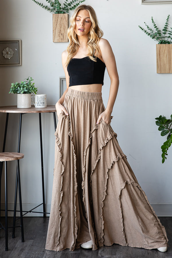 RUFFLE DETAIL WIDE LEG FLARE PANTS-MOCHA