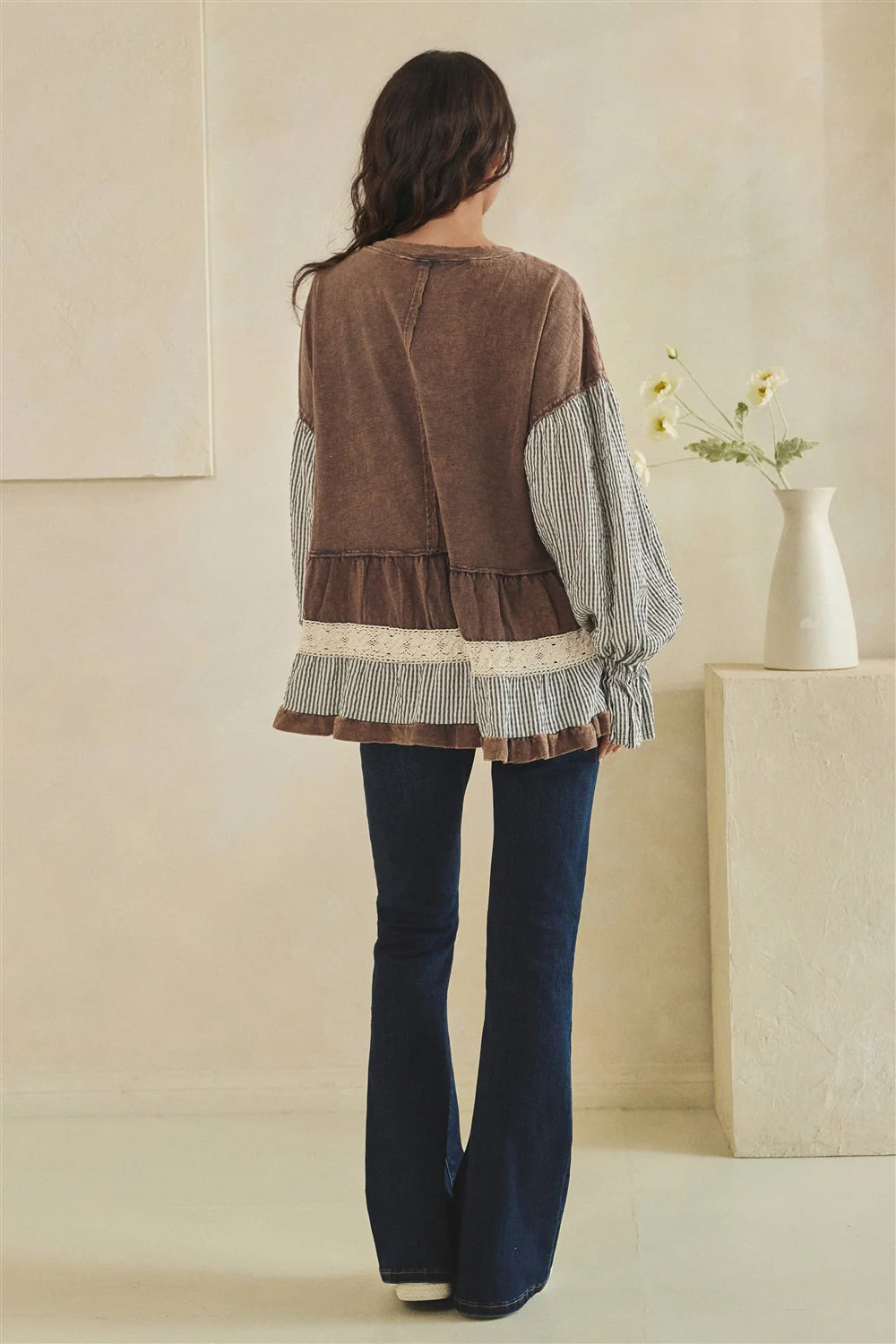 MIXED FABRIC TIERED TUNIC LONG SLEEVE TOP