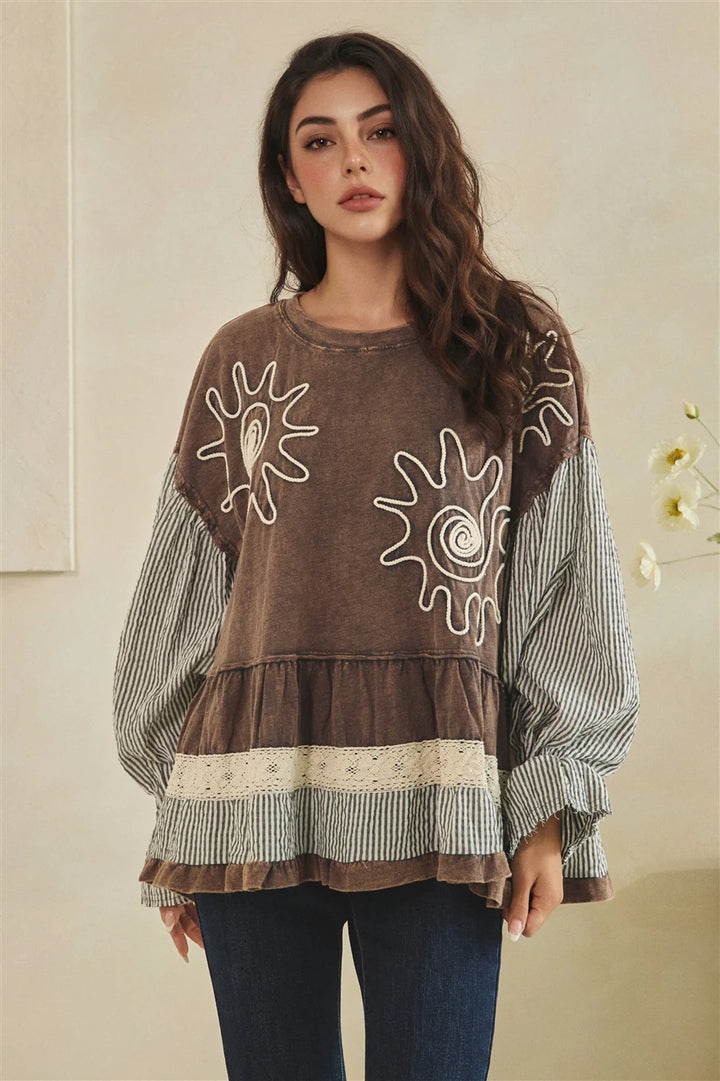 MIXED FABRIC TIERED TUNIC LONG SLEEVE TOP