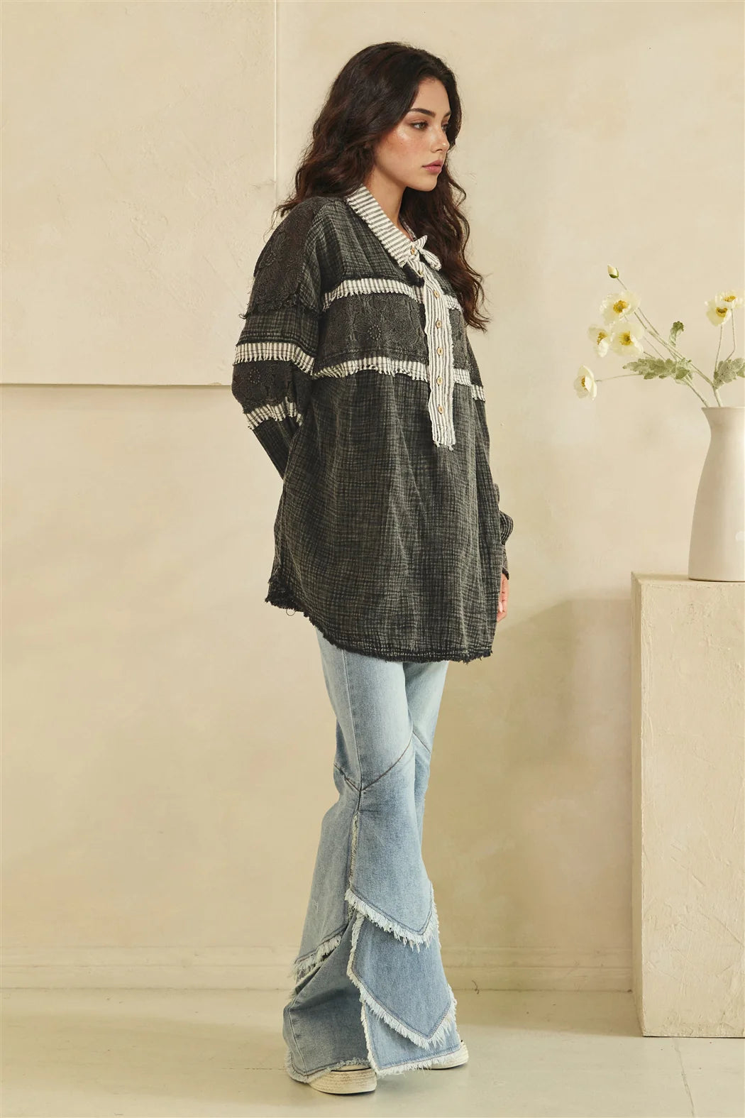 WASHED FABRIC MIX LONG SLEEVE TOP