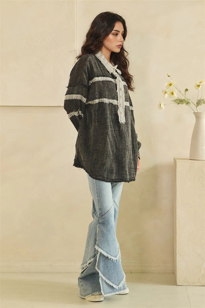 WASHED FABRIC MIX LONG SLEEVE TOP