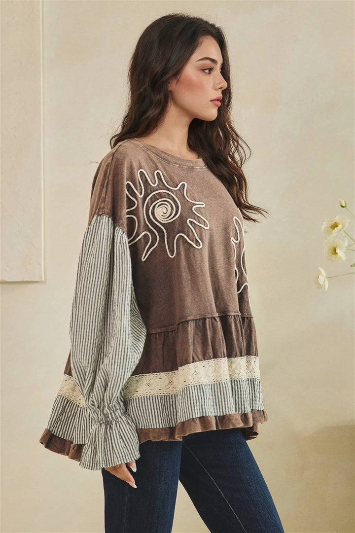 MIXED FABRIC TIERED TUNIC LONG SLEEVE TOP