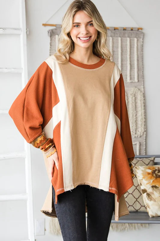 WASHED COLORBLOCK HILOW HEM PULLOVER TOP- RUST