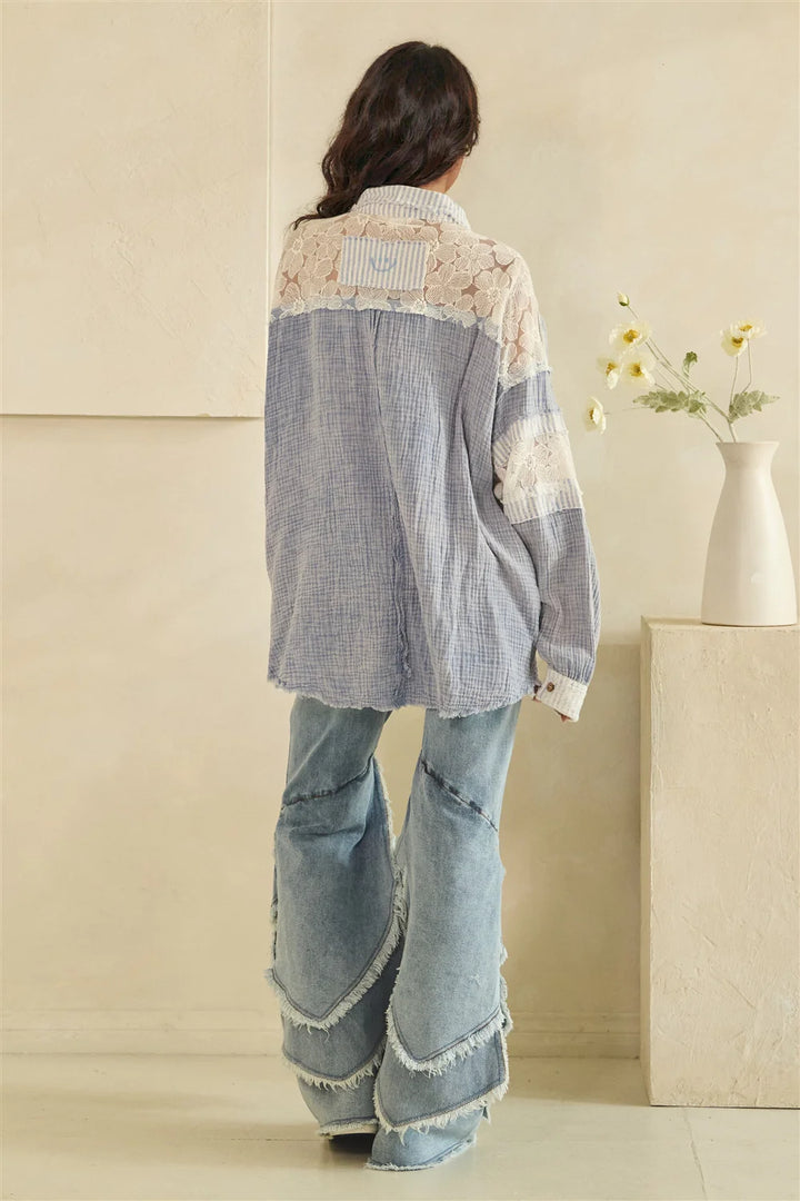 WASHED FABRIC MIX LONG SLEEVE TOP