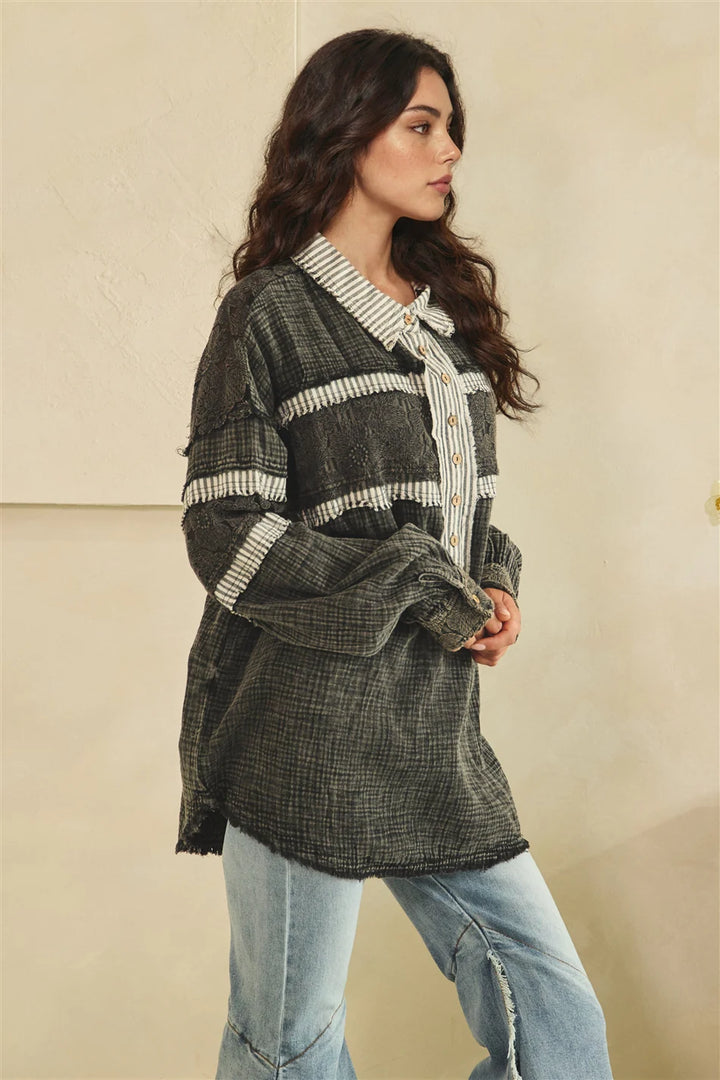 WASHED FABRIC MIX LONG SLEEVE TOP