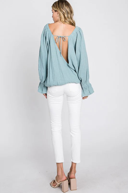 WASHED FLARE CUFFS OPEN BACK DETAIL GAUZE BLOUSE-SKY BLUE