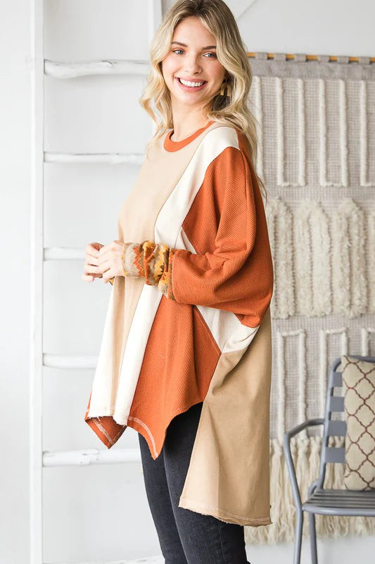 WASHED COLORBLOCK HILOW HEM PULLOVER TOP- RUST