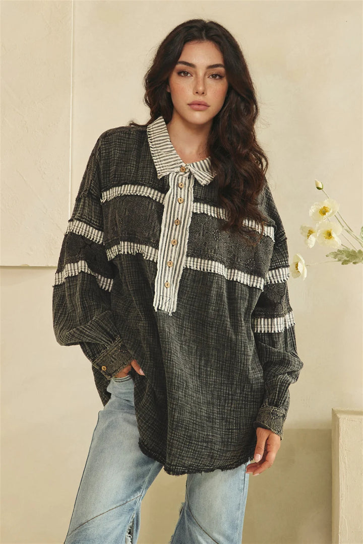 WASHED FABRIC MIX LONG SLEEVE TOP