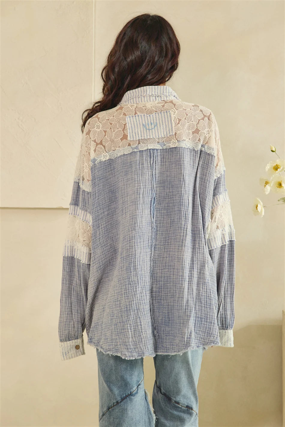 WASHED FABRIC MIX LONG SLEEVE TOP