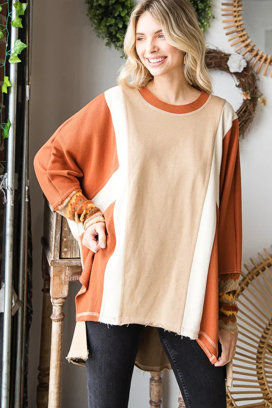 WASHED COLORBLOCK HILOW HEM PULLOVER TOP- RUST