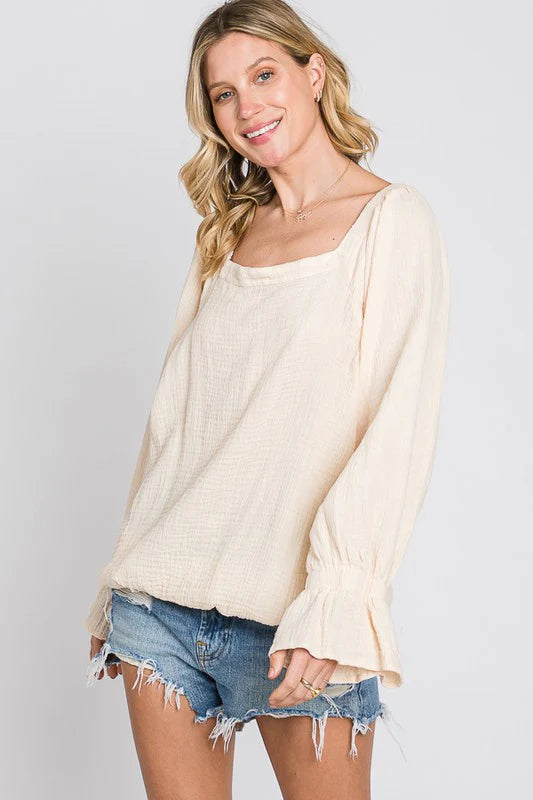 WASHED FLARE CUFFS OPEN BACK DETAIL GAUZE BLOUSE- CREAM