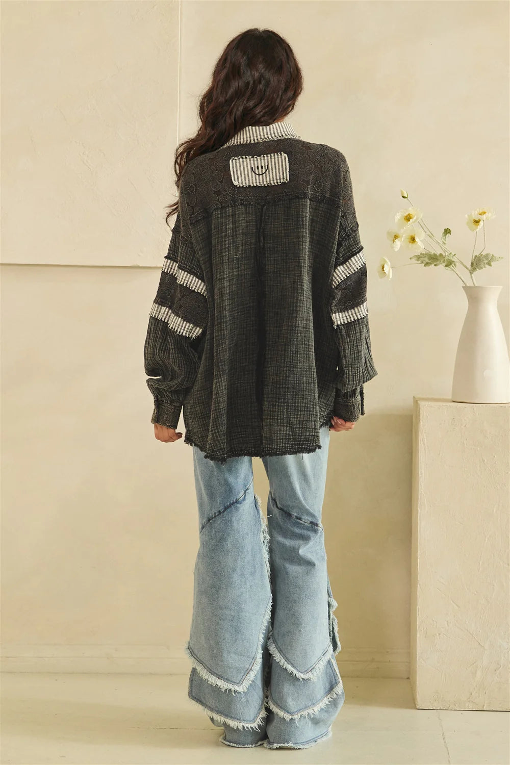 WASHED FABRIC MIX LONG SLEEVE TOP