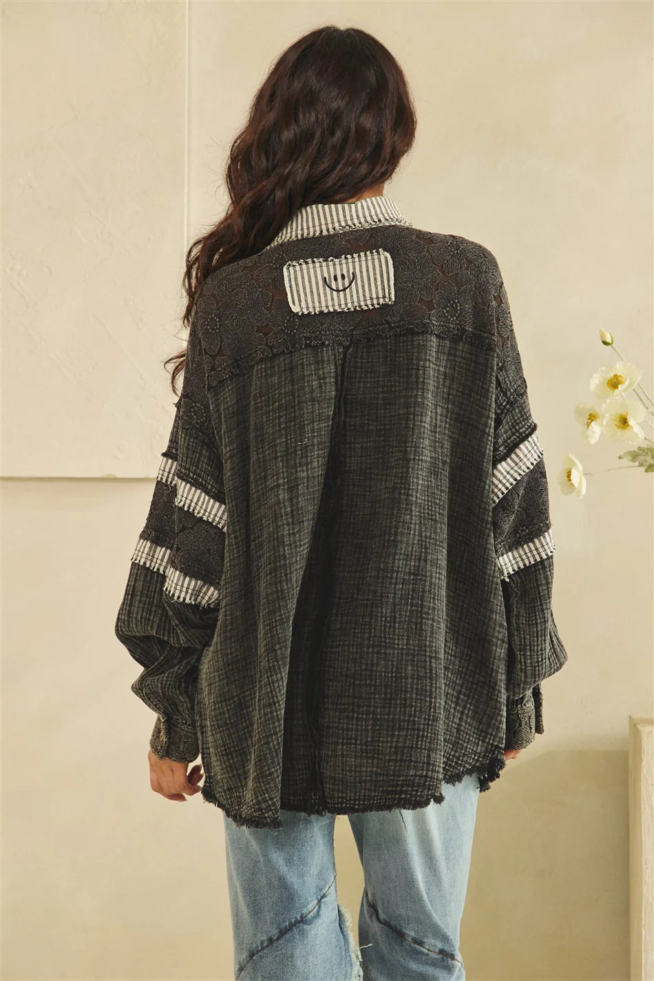 WASHED FABRIC MIX LONG SLEEVE TOP