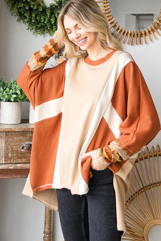 WASHED COLORBLOCK HILOW HEM PULLOVER TOP- RUST