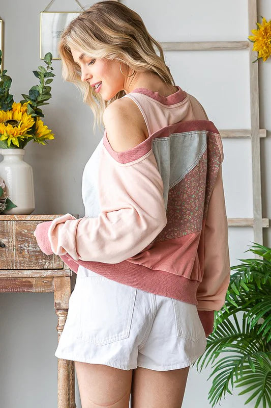 WASHED MIX MEDIA CUTOUT SHOULDER PULLOVER TOP-PINK