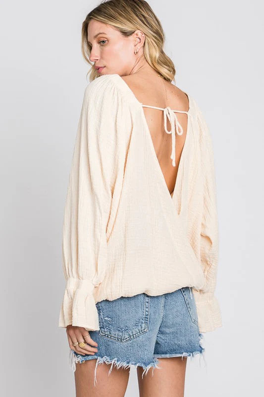 WASHED FLARE CUFFS OPEN BACK DETAIL GAUZE BLOUSE- CREAM