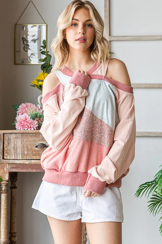 WASHED MIX MEDIA CUTOUT SHOULDER PULLOVER TOP-PINK