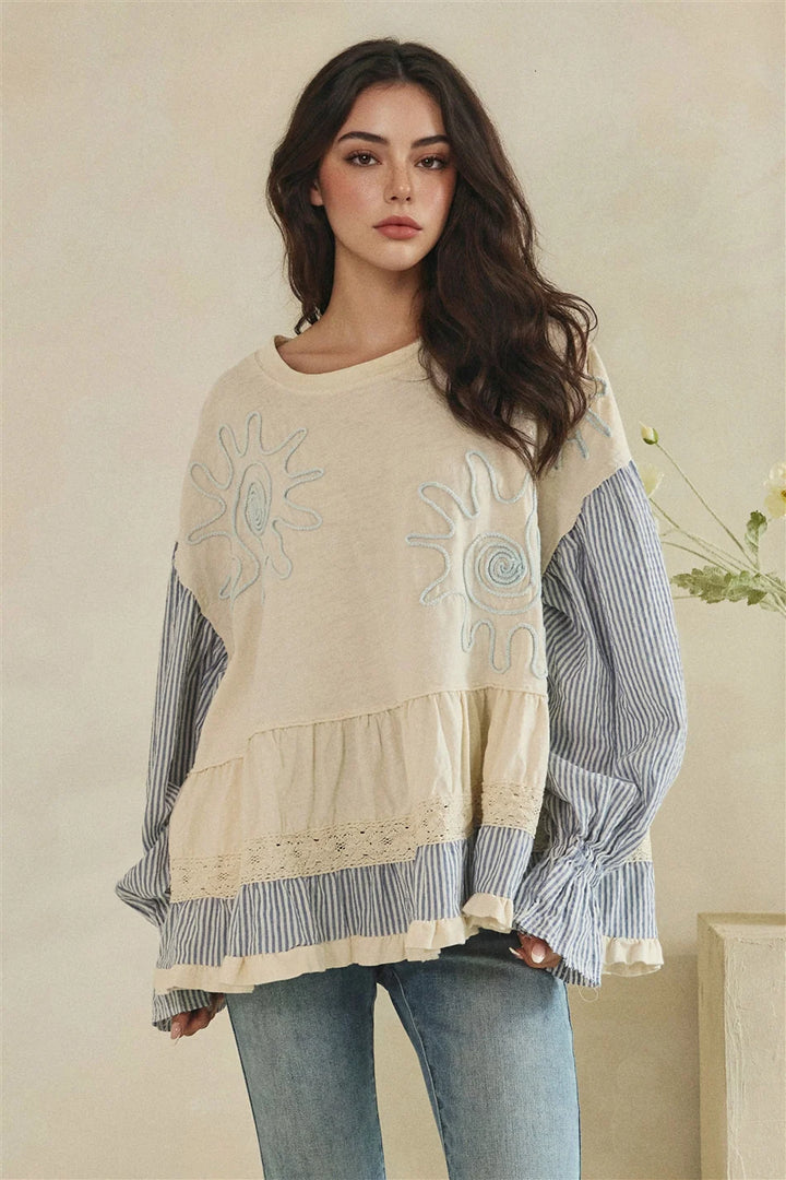 MIXED FABRIC TIERED TUNIC LONG SLEEVE TOP