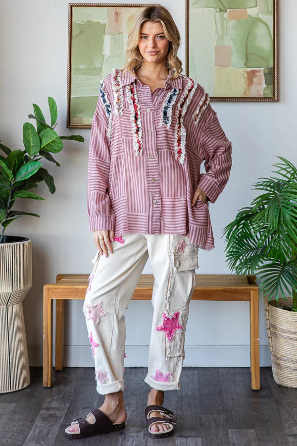 RUFFLE CONTRAST DETAIL STRIPED BUTTON DOWN SHIRT