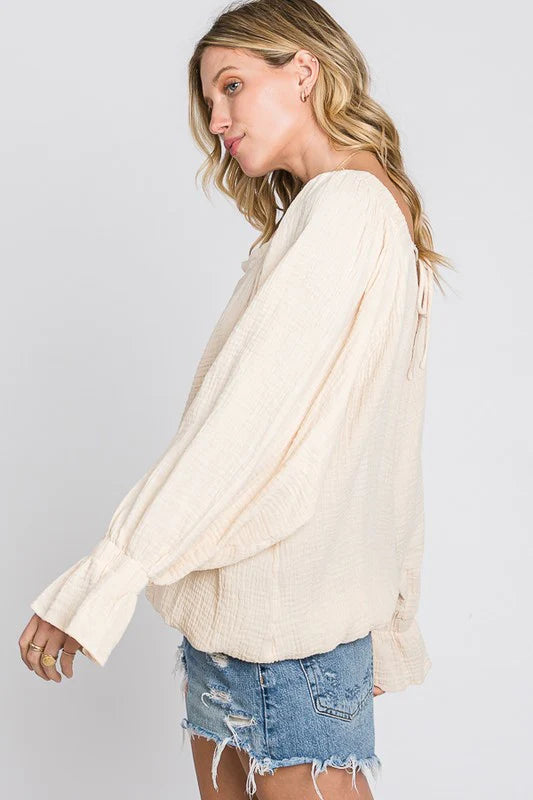 WASHED FLARE CUFFS OPEN BACK DETAIL GAUZE BLOUSE- CREAM