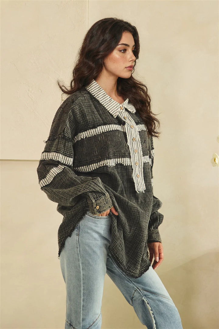 WASHED FABRIC MIX LONG SLEEVE TOP