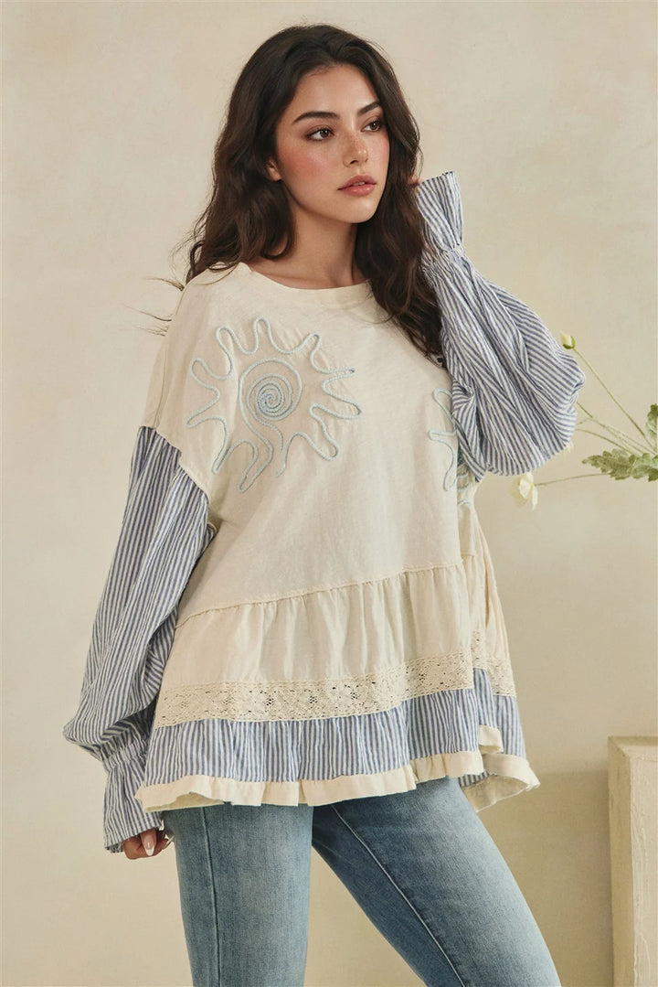 MIXED FABRIC TIERED TUNIC LONG SLEEVE TOP
