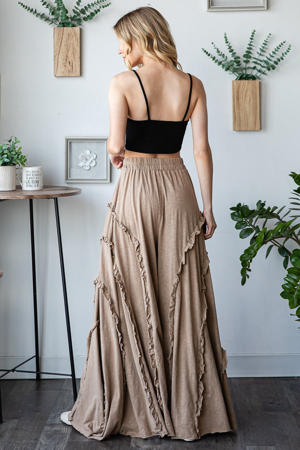 RUFFLE DETAIL WIDE LEG FLARE PANTS-MOCHA