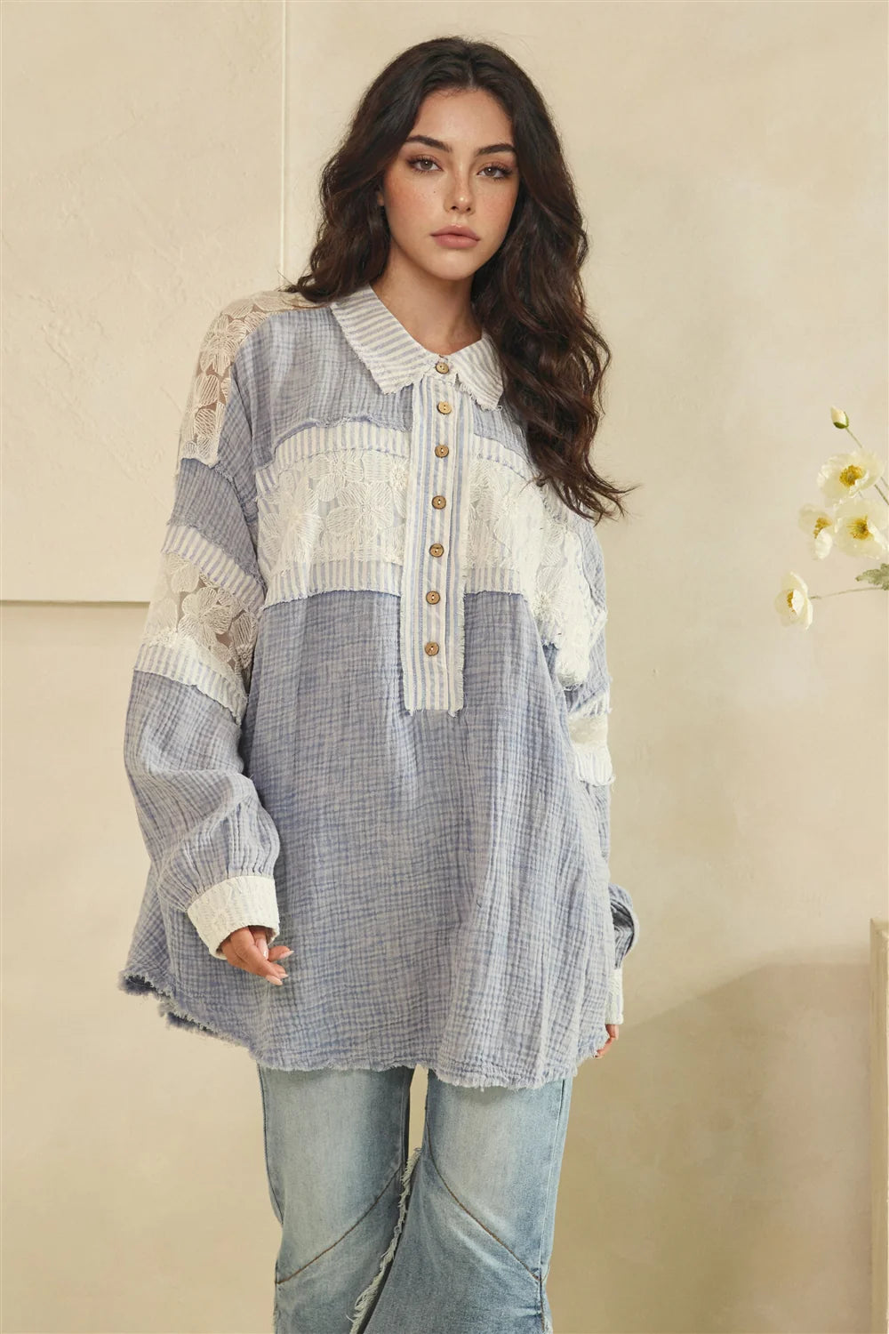 WASHED FABRIC MIX LONG SLEEVE TOP