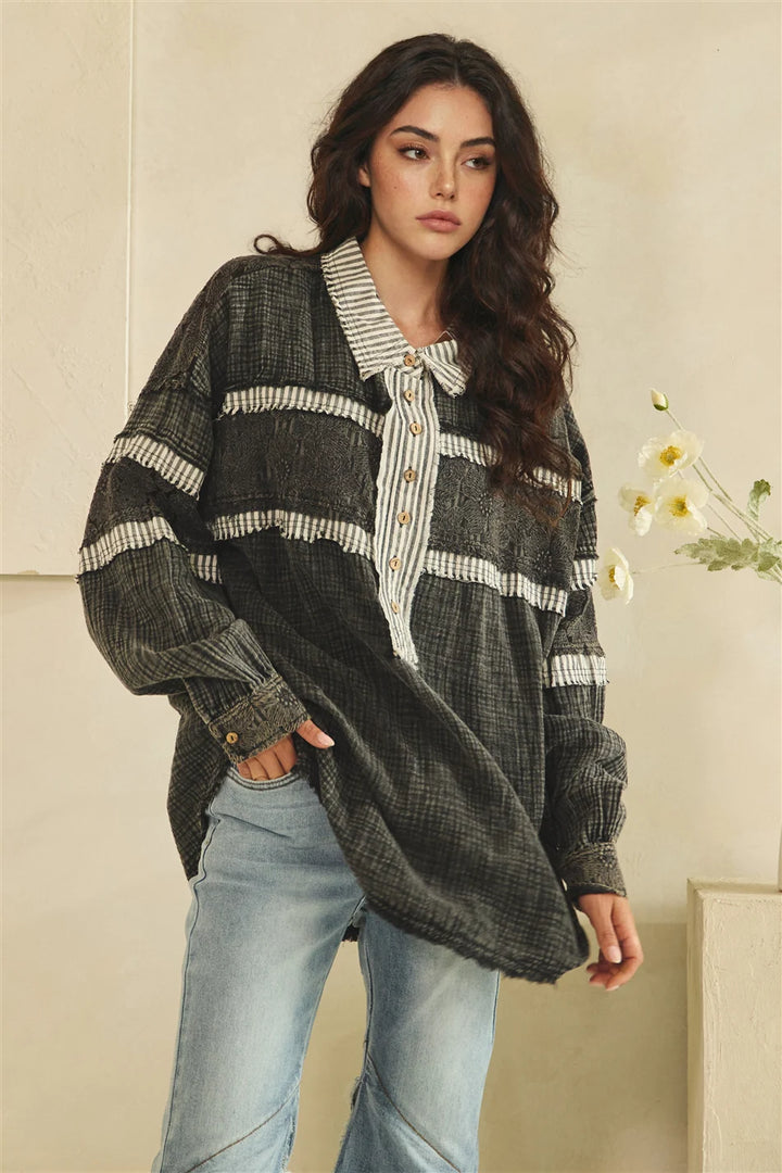 WASHED FABRIC MIX LONG SLEEVE TOP