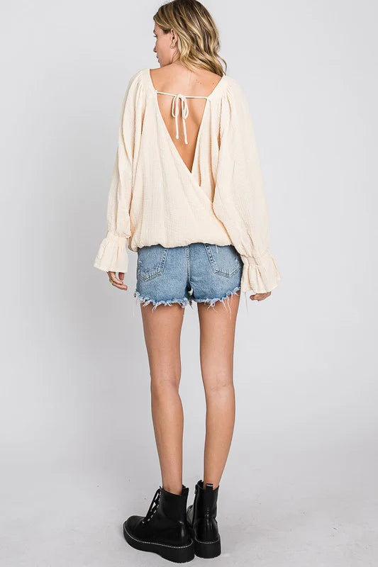 WASHED FLARE CUFFS OPEN BACK DETAIL GAUZE BLOUSE- CREAM