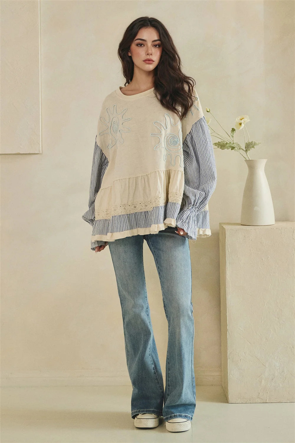 MIXED FABRIC TIERED TUNIC LONG SLEEVE TOP