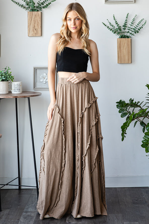 RUFFLE DETAIL WIDE LEG FLARE PANTS-MOCHA